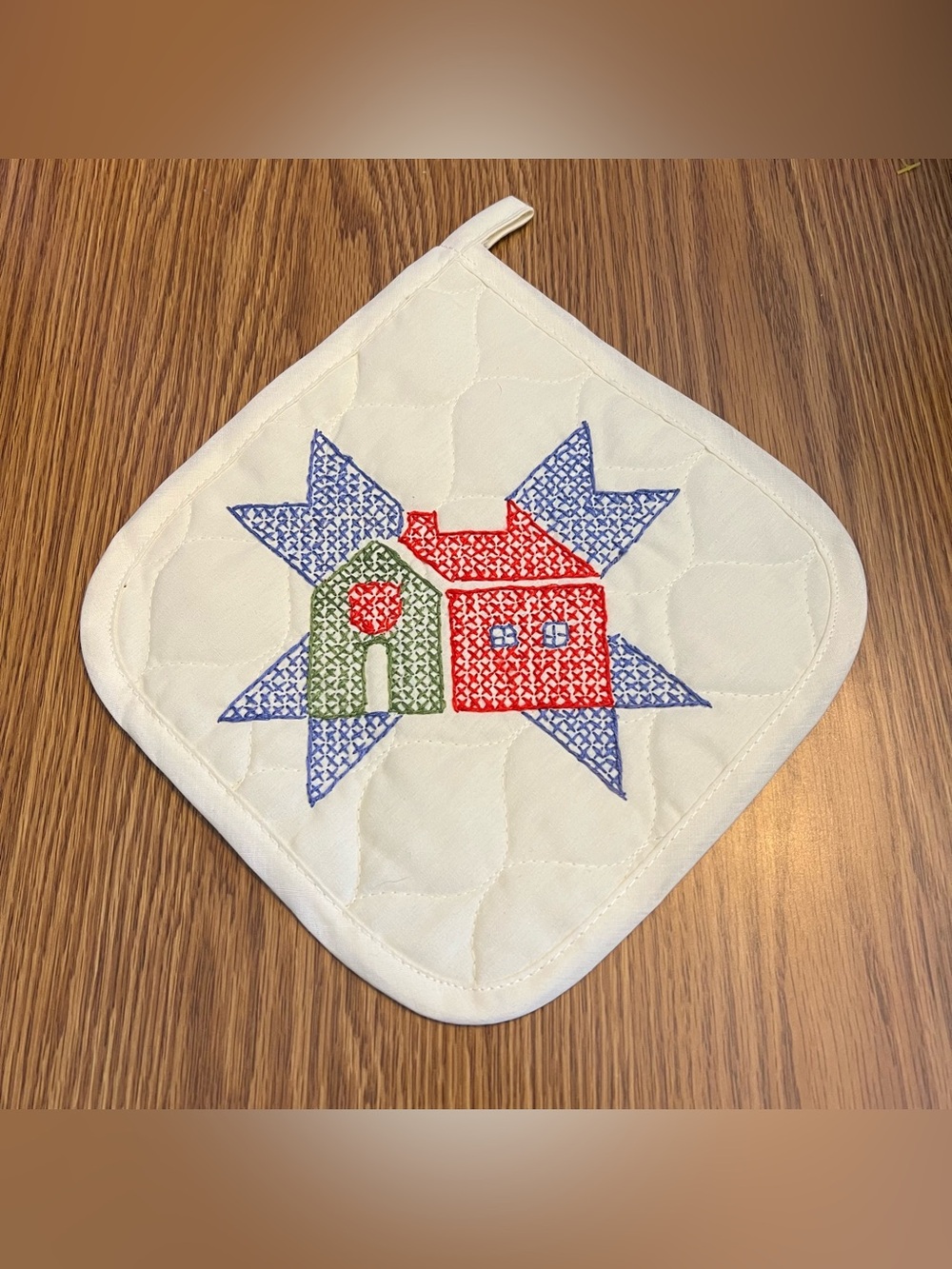 VINTAGE Cottagecore Cross Stitched Pot Holder House Cottage Country Decor